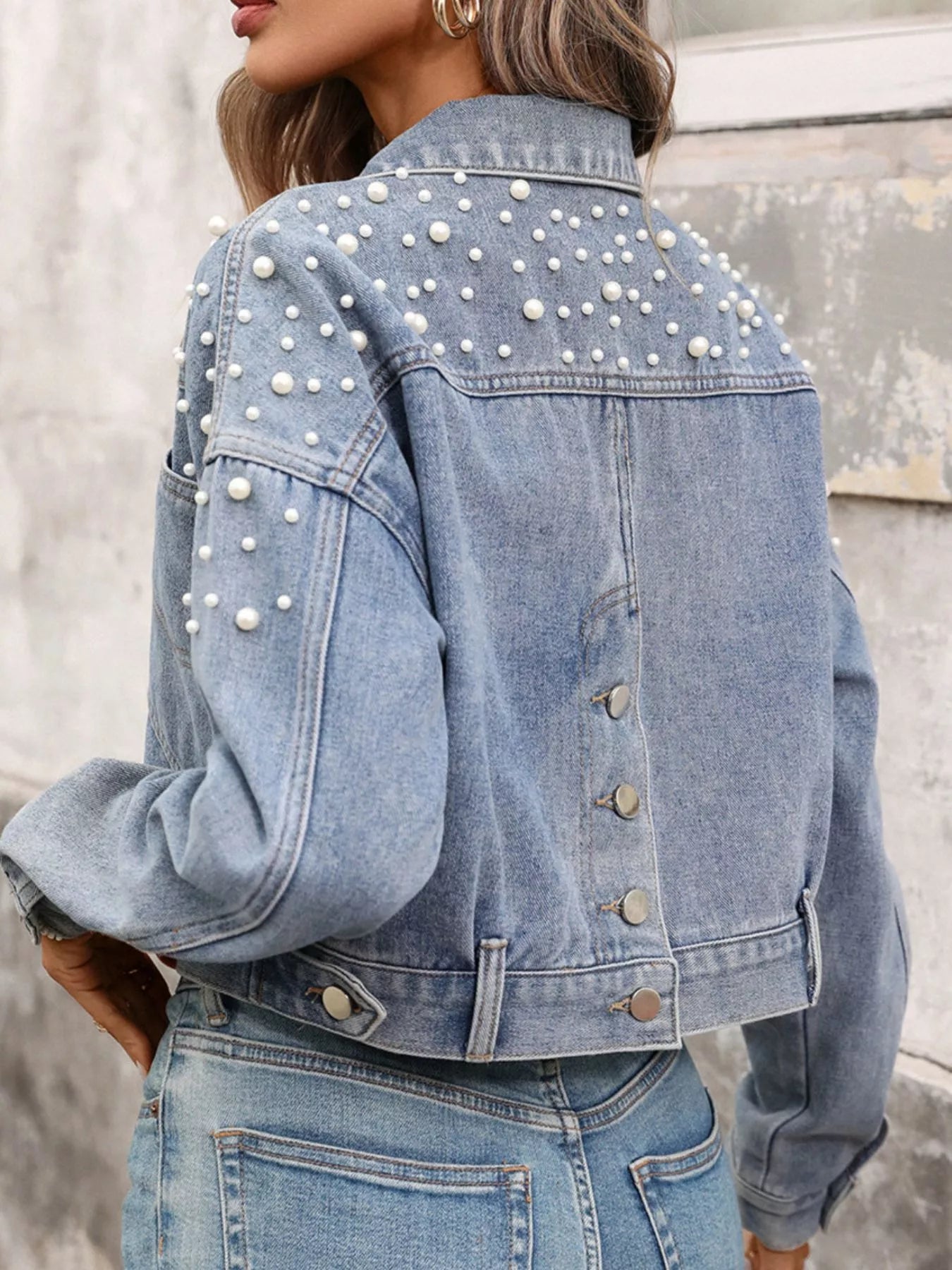 Pearl Embellished Cropped Denim Jacket