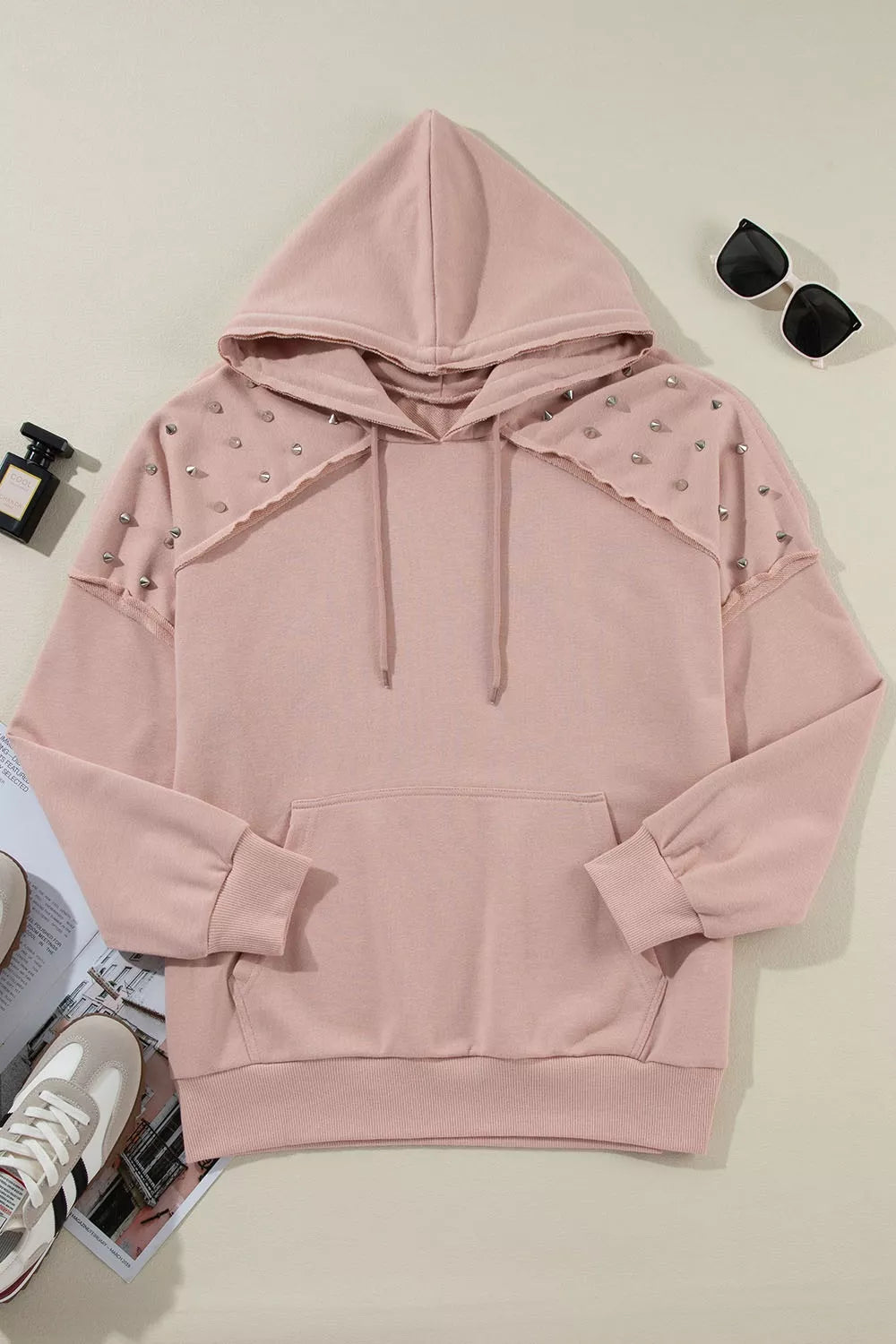 Drawstring Studded Shoulder Hoodie