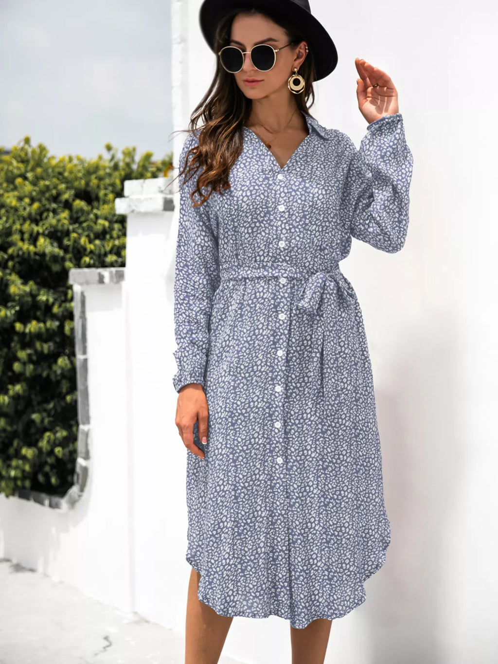 Button Down Printed Long Sleeve Shirt Dress