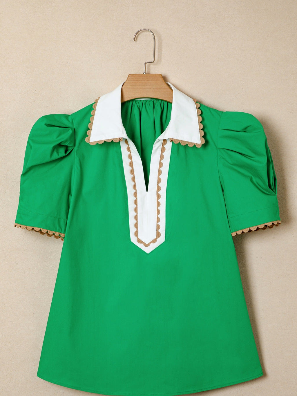 Ricrac Trim Color Block Patchwork Shirt Collar Short Sleeve Blouse
