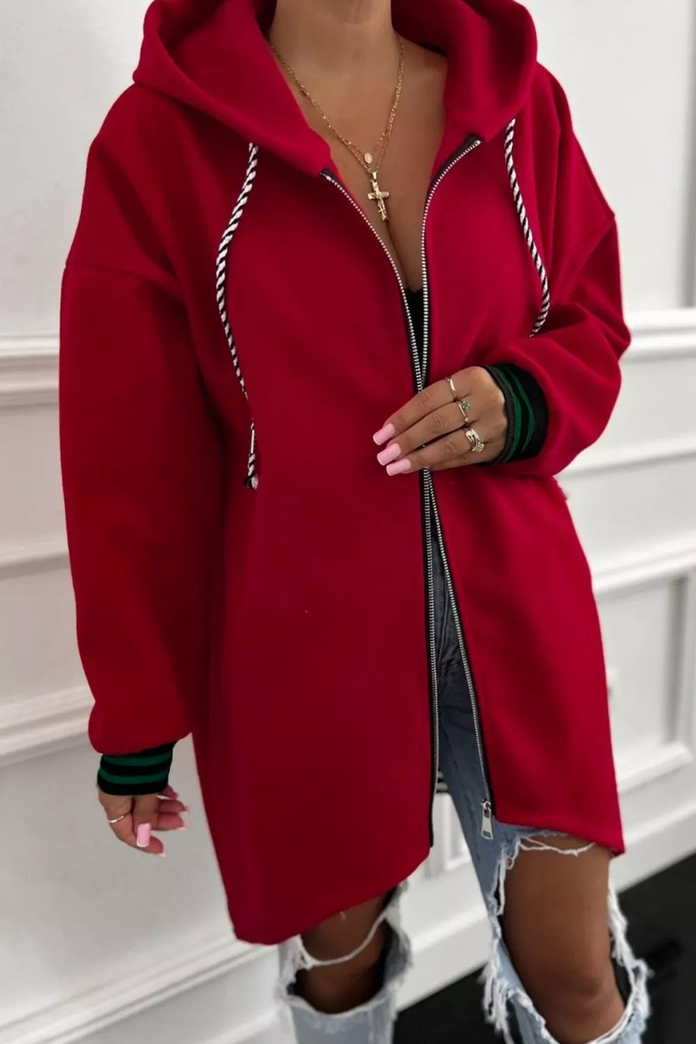 Contrast Cuffed Drop Shoulder Zip Up Hoodie