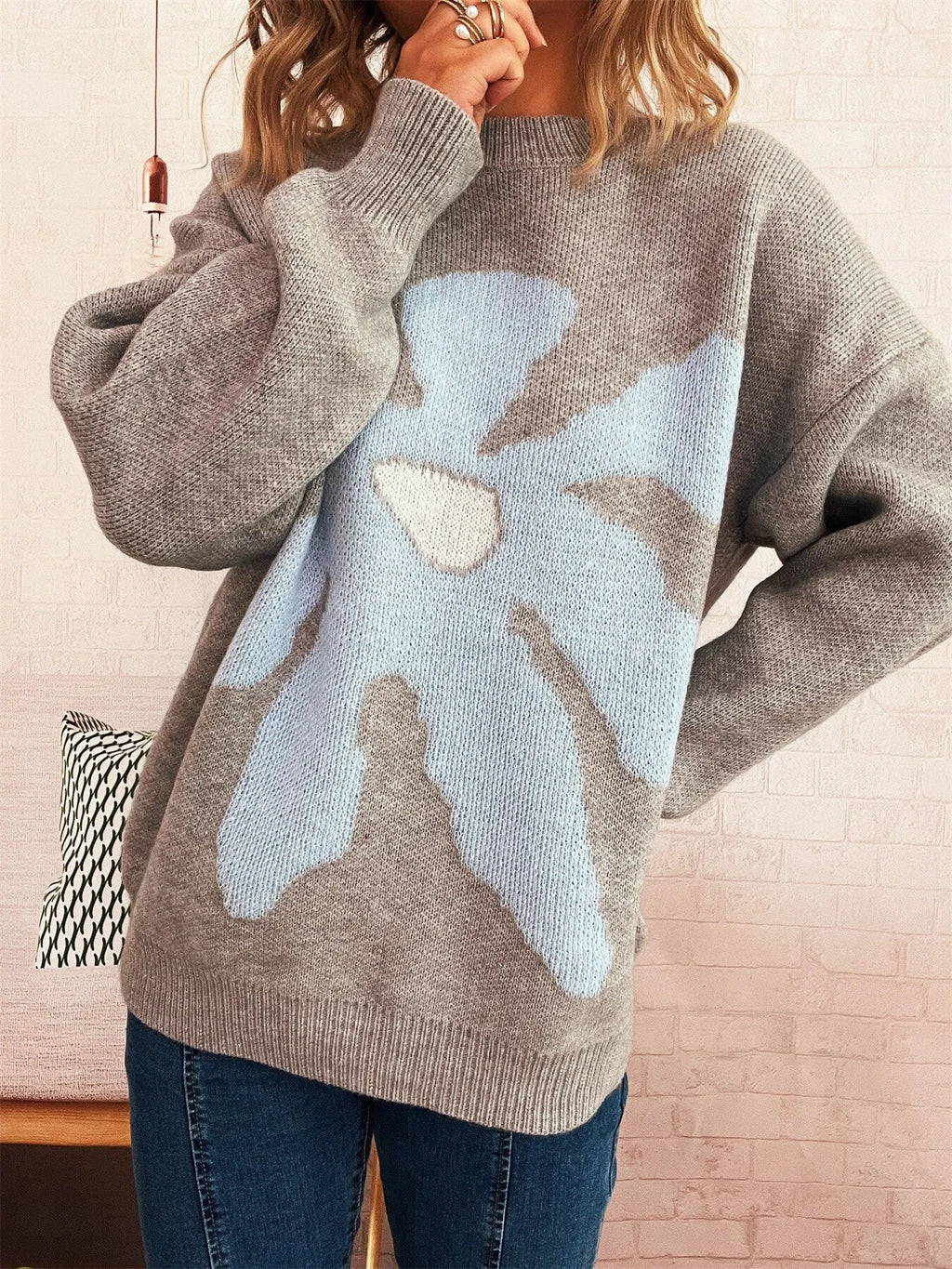 Flower Dropped Shoulder Sweater