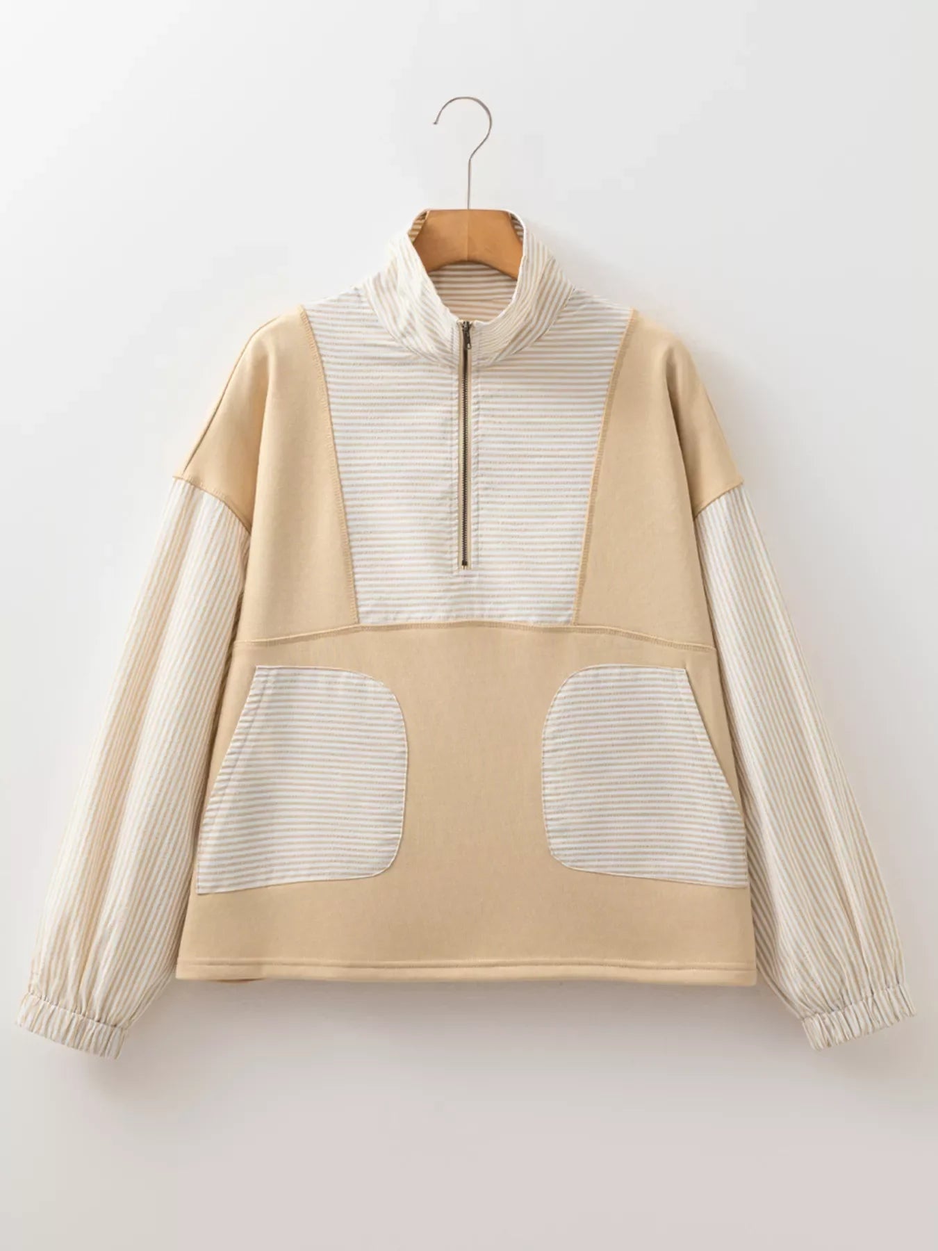 Quarter Zip Striped Patchwork Drop Shoulder Loose Long Sleeve Top