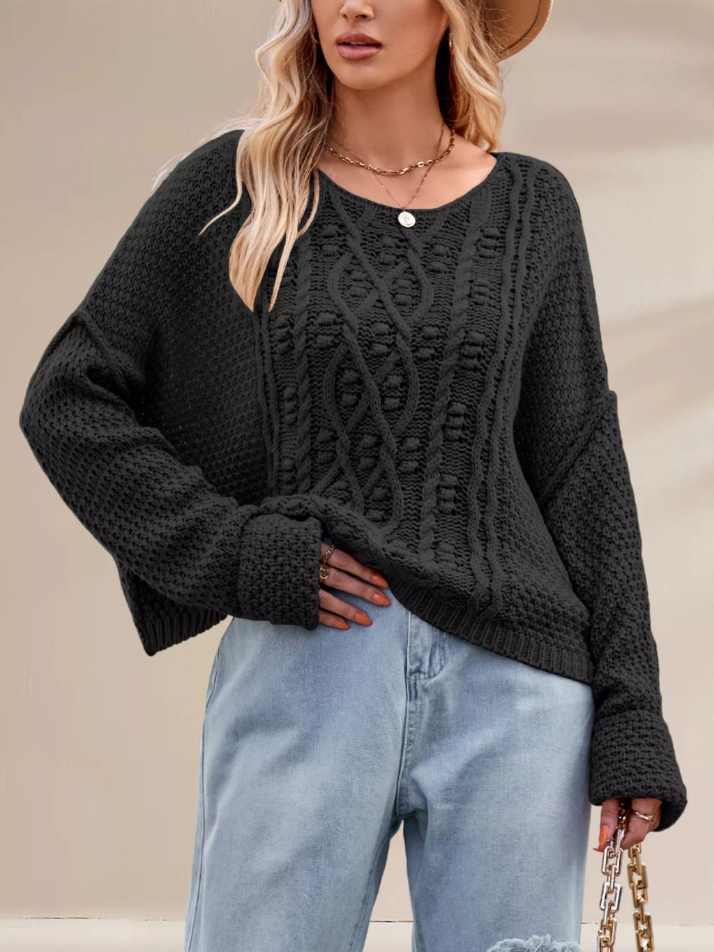Textured Knit Round Neck Sweater