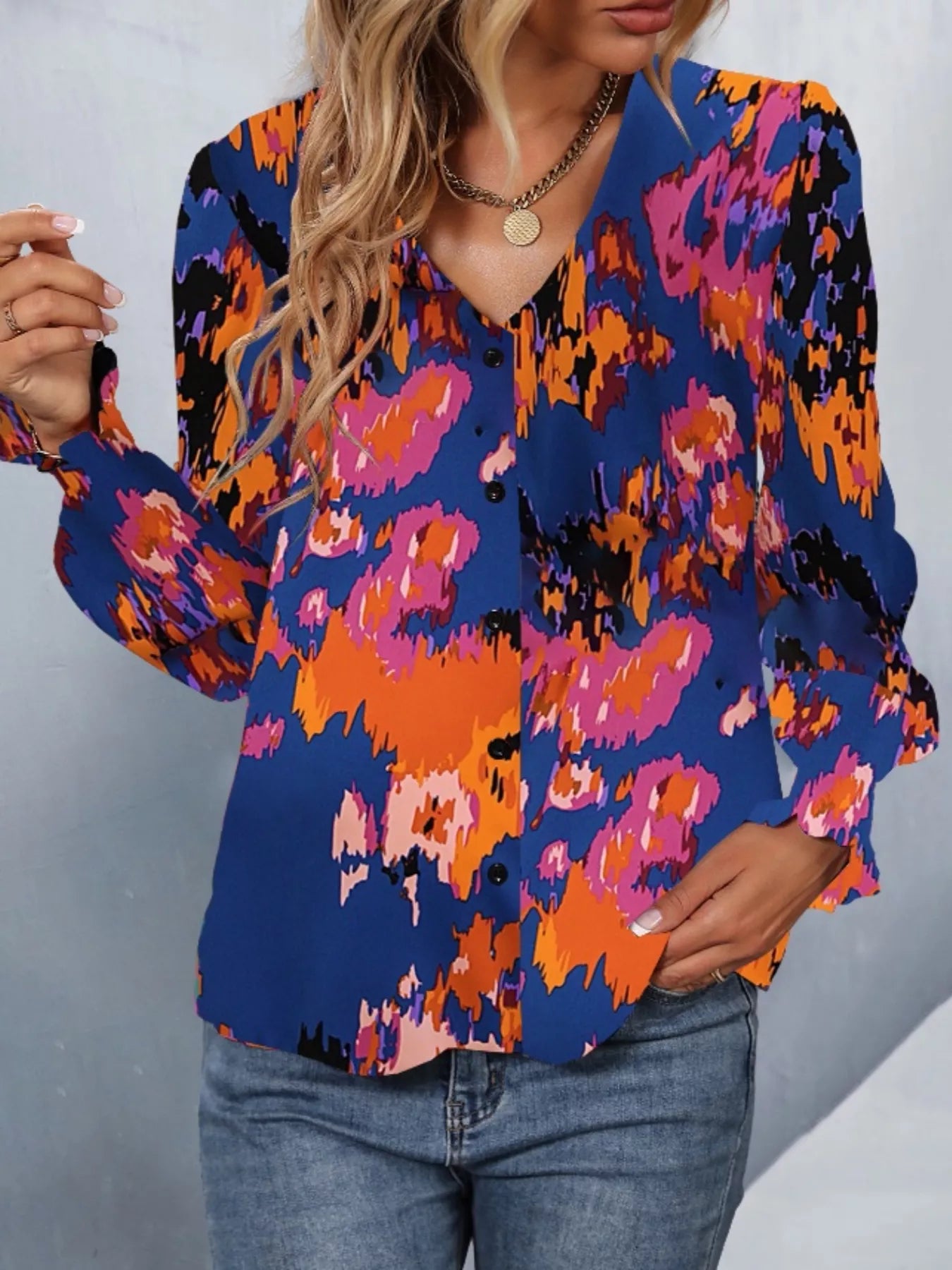 Printed Button Up Long Sleeve Shirt
