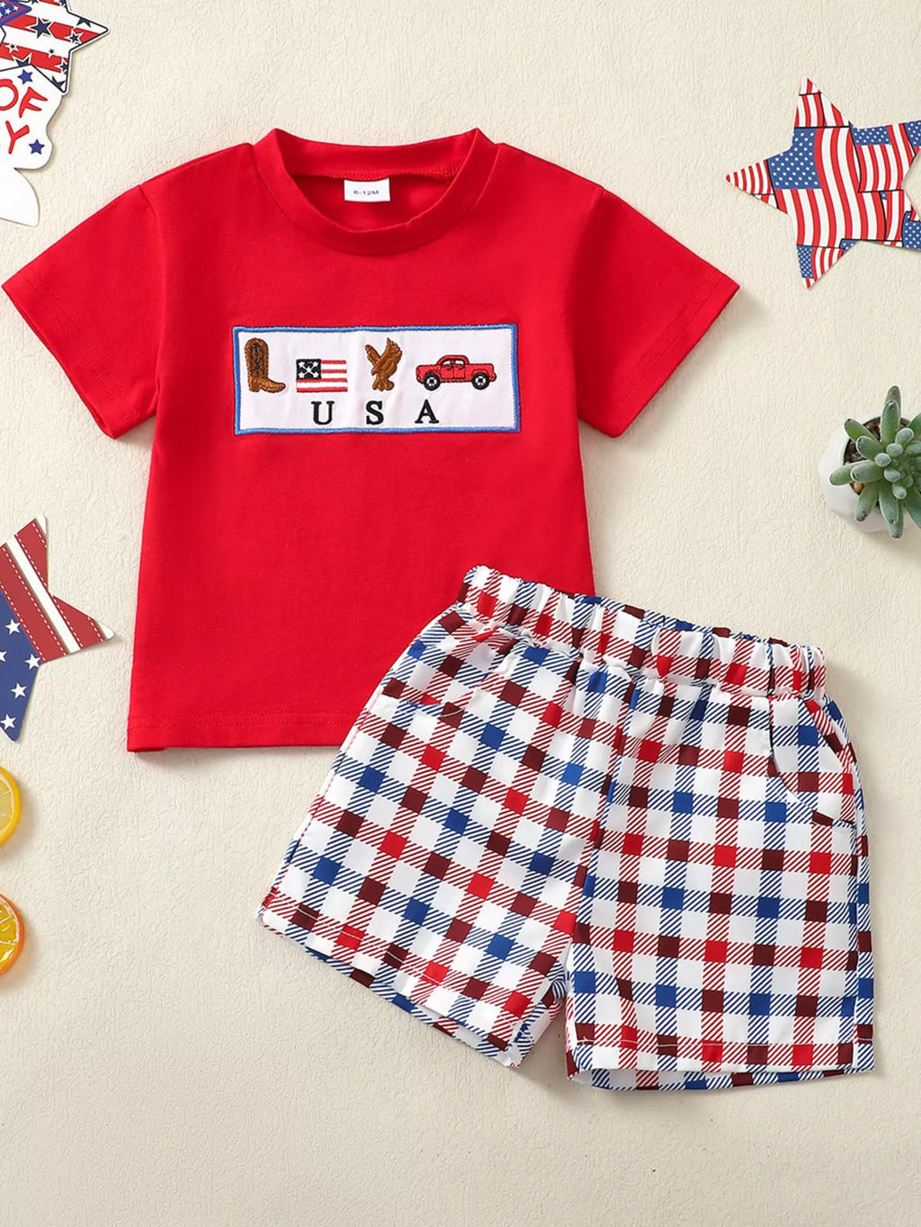 Children's Patriotic USA Embroidered Short Sleeve T-Shirt & Shorts Set