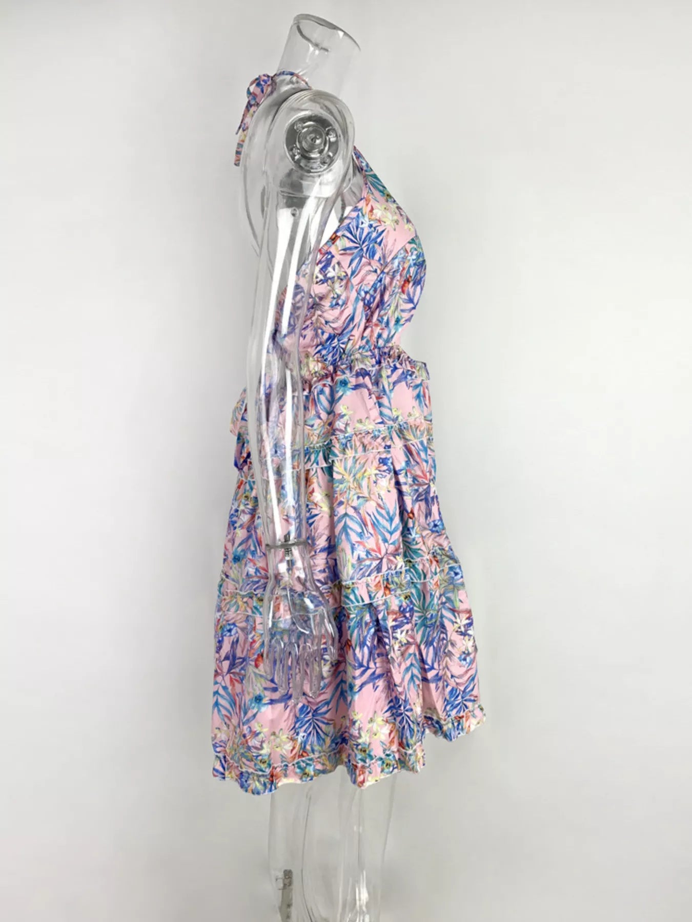 Colorful Print Halter Neck Ruffle Mini Dress