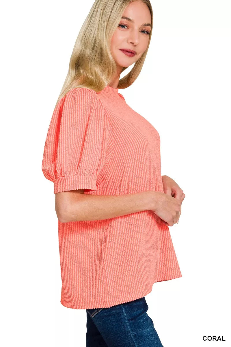 Zenana Raised Rib Puff Sleeve Top