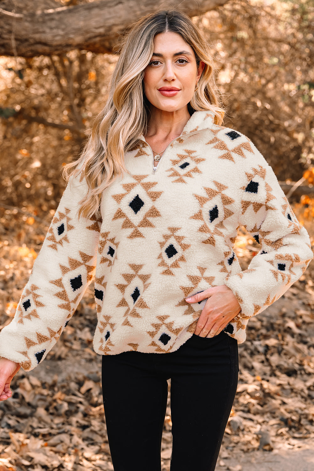 Western Aztec Sherpa Quarter-Zip Collared Sweatshirt