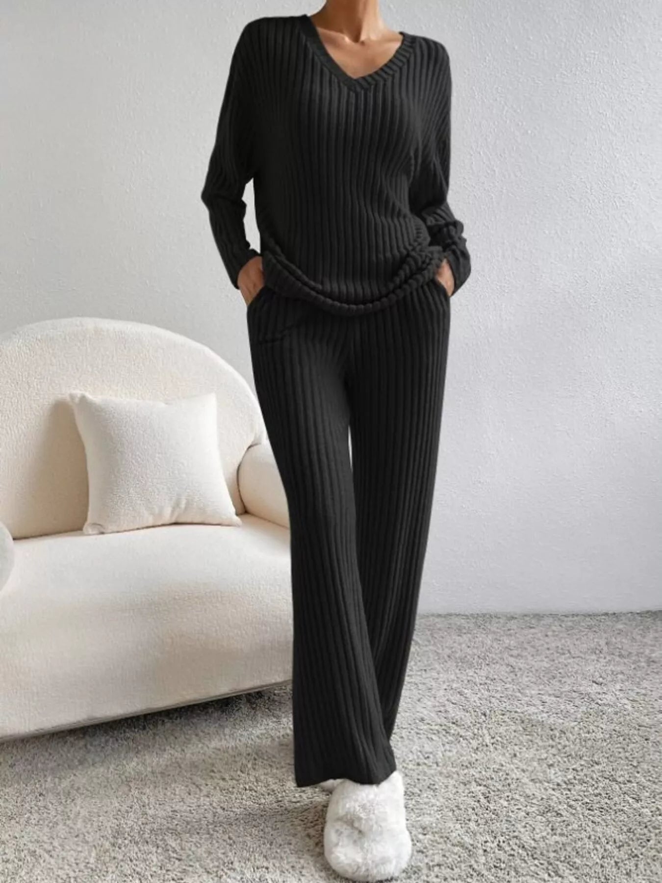 Ribbed Knit V-Neck Top and Pants Set