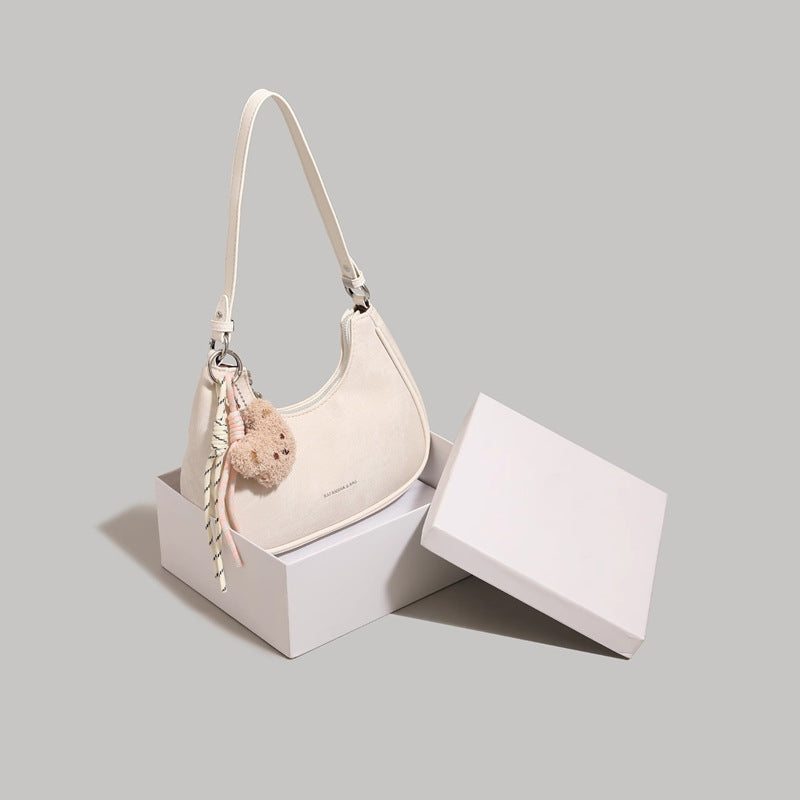 Crescent Shoulder Bag with Teddy Bear Charm