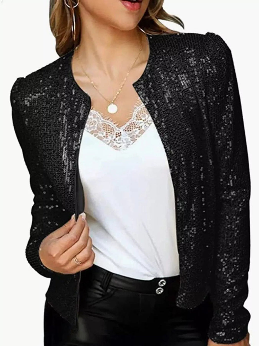 Full Size Sequin Long Sleeve Jacket Plus Size