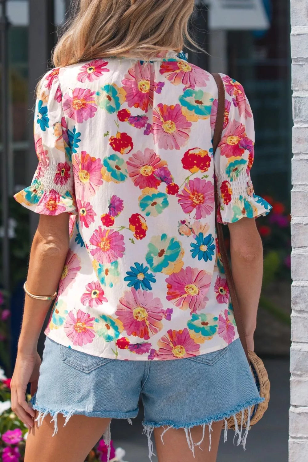 Floral Print Ruched Short Sleeve Blouse