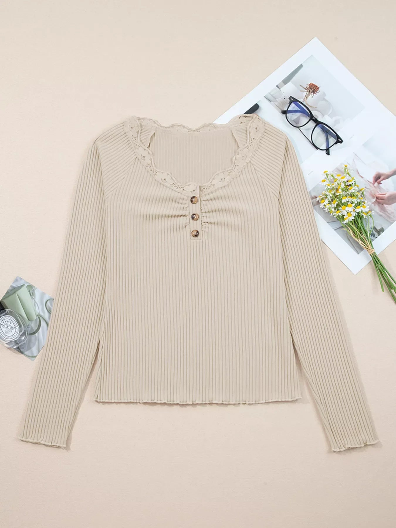 Lace Neckline Button Decor Lettuce Edge Long Sleeve Ribbed Top