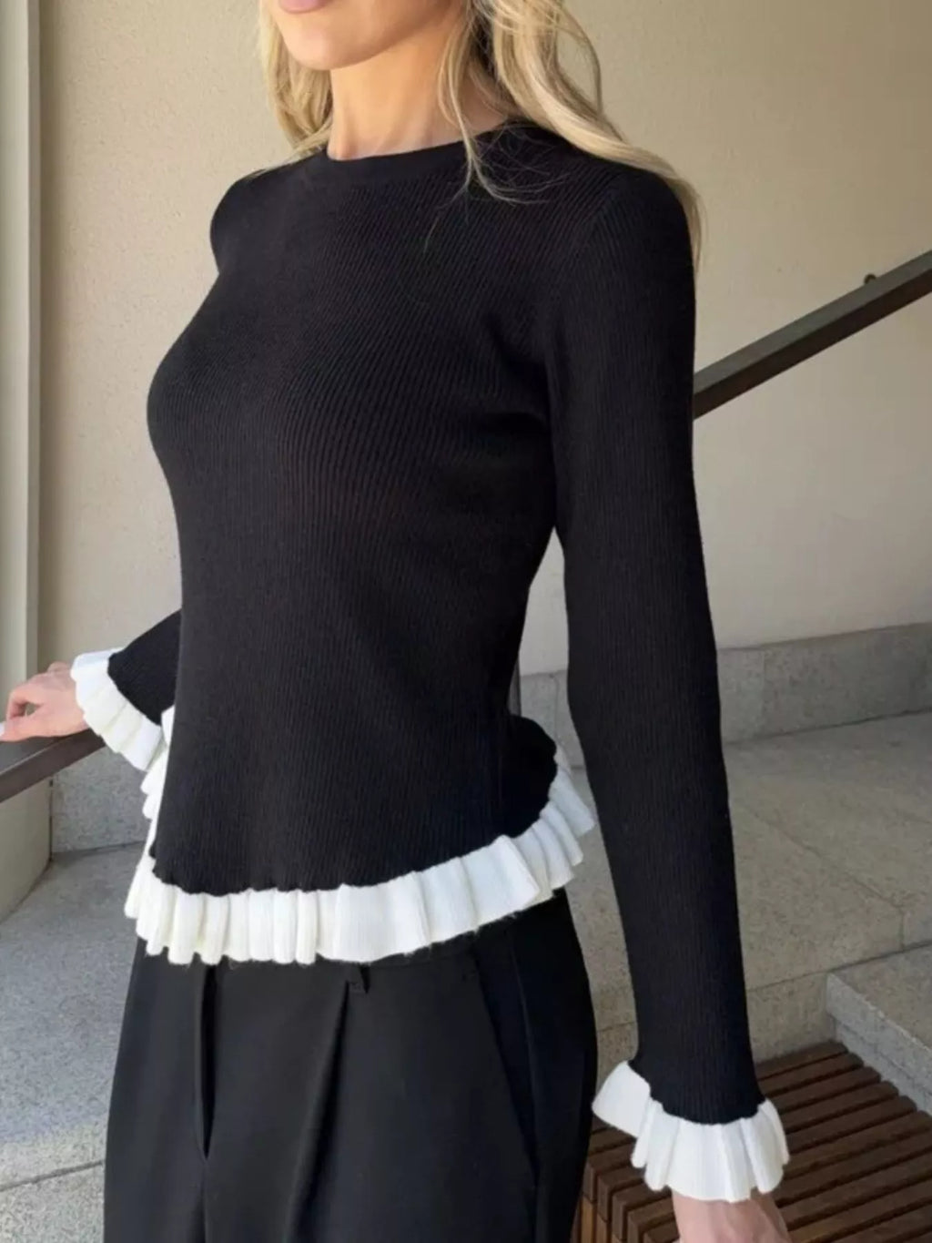 Ruffle Trim Long Sleeve Sweater