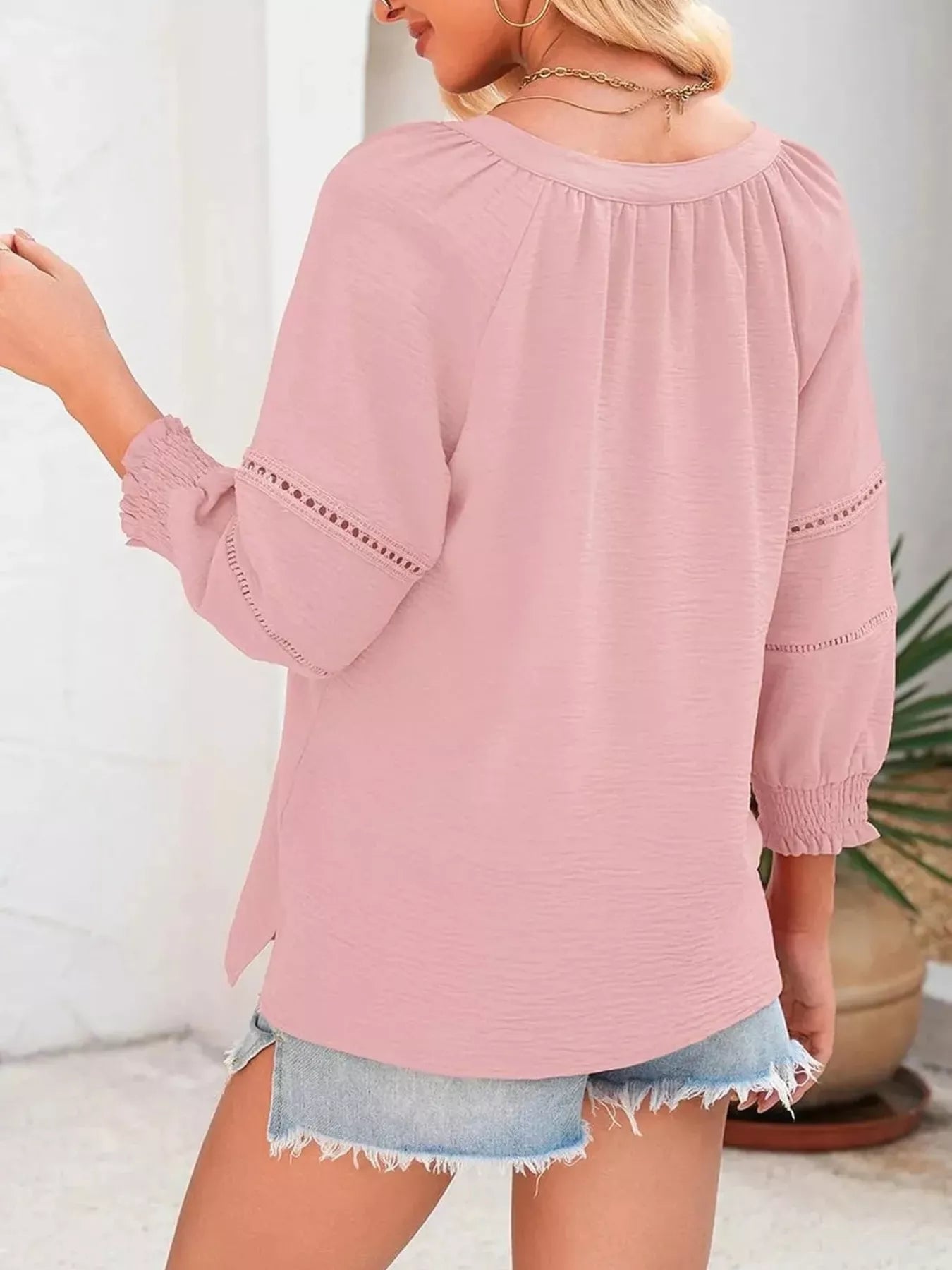 Solid Color Smocked Long Sleeve Blouse