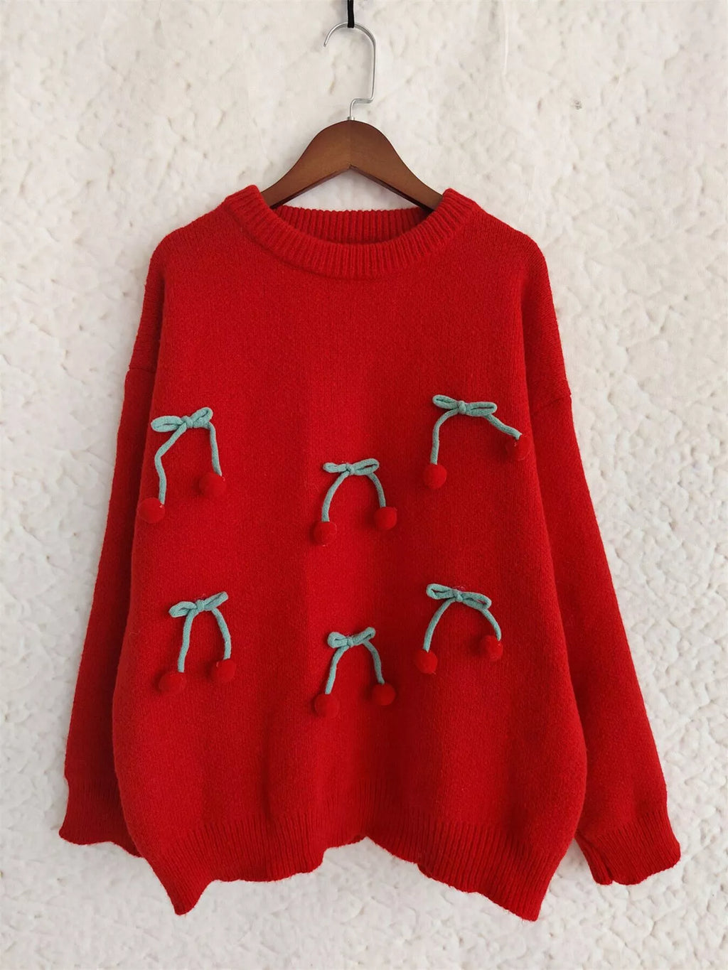 Cherry Pom-Pom Knit Round Neck Sweater