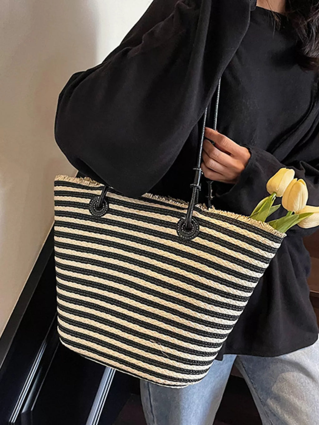 Striped Woven Straw Shoulder Bag