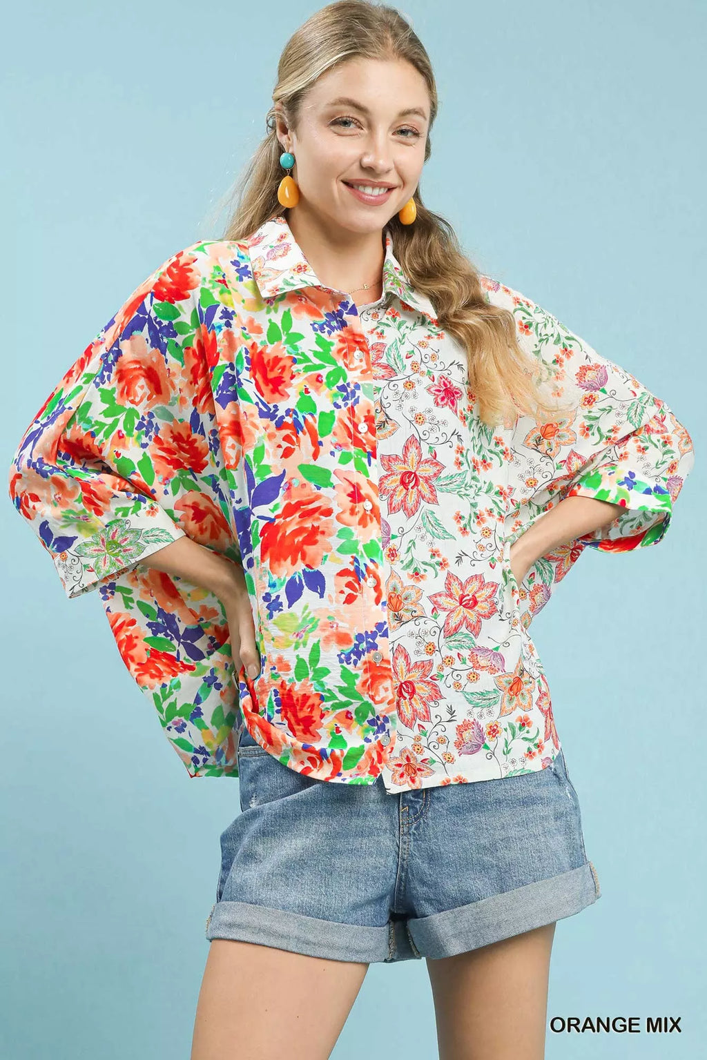 Umgee Mixed Floral Oversized Button Down Shirt