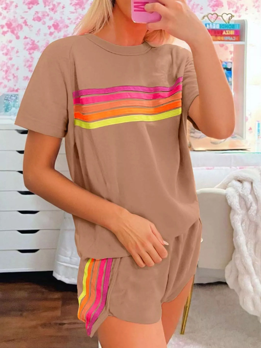 Rainbow Striped Round Neck Top and Shorts Set