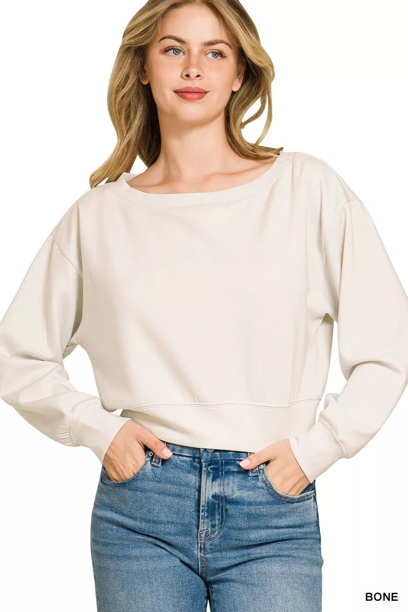 Zenana Scuba Cropped Boat Neck Pullover Sweatshirts