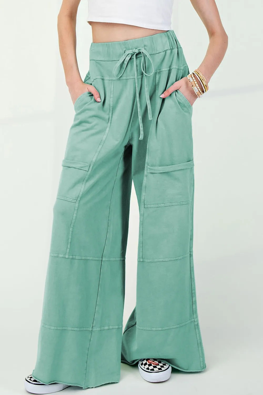 Mineral Wash Exposed Seam Drawstring High Waist Wide Leg Cargo Pants