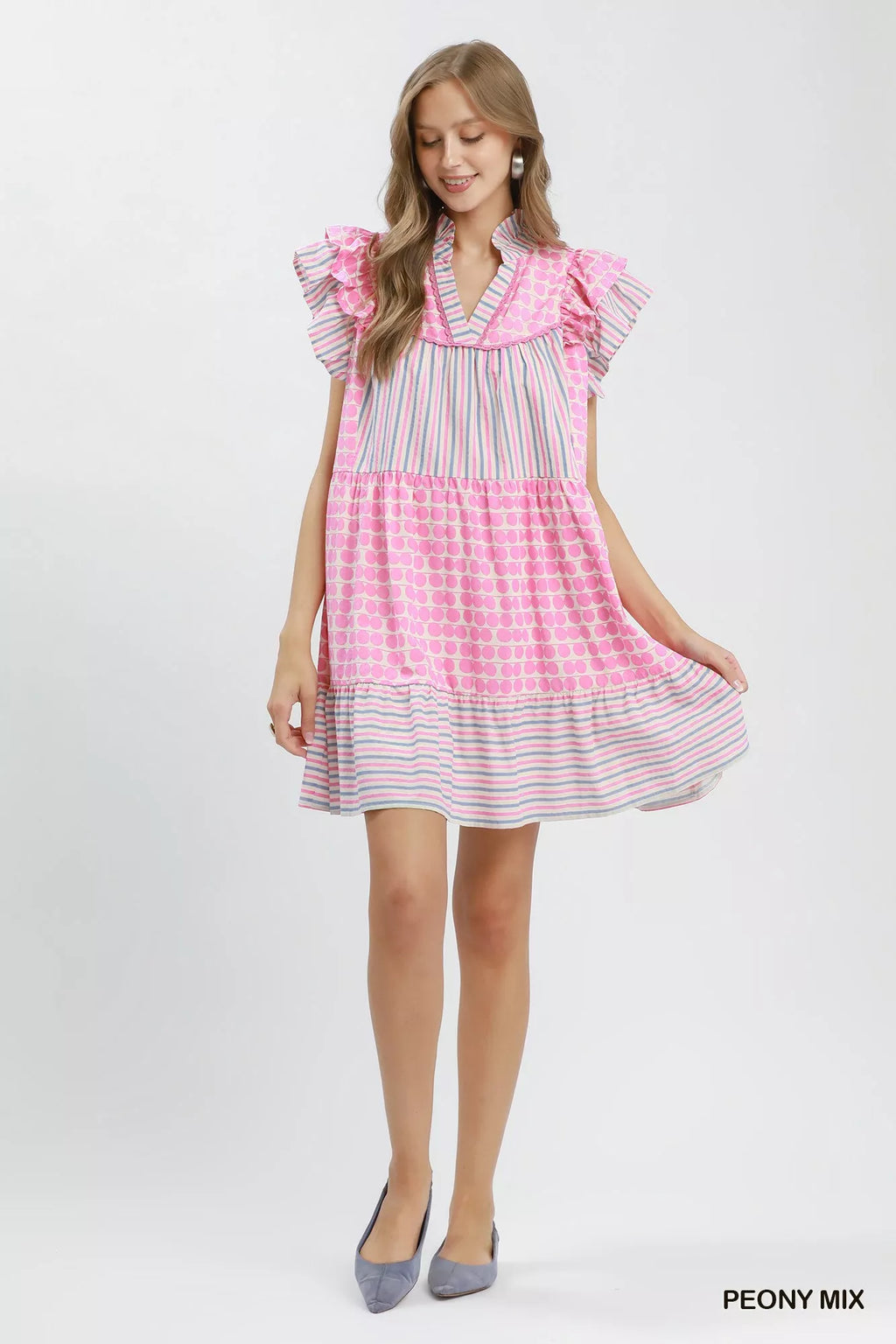 Umgee Mix Patchwork Flutter Sleeve Tiered Dress