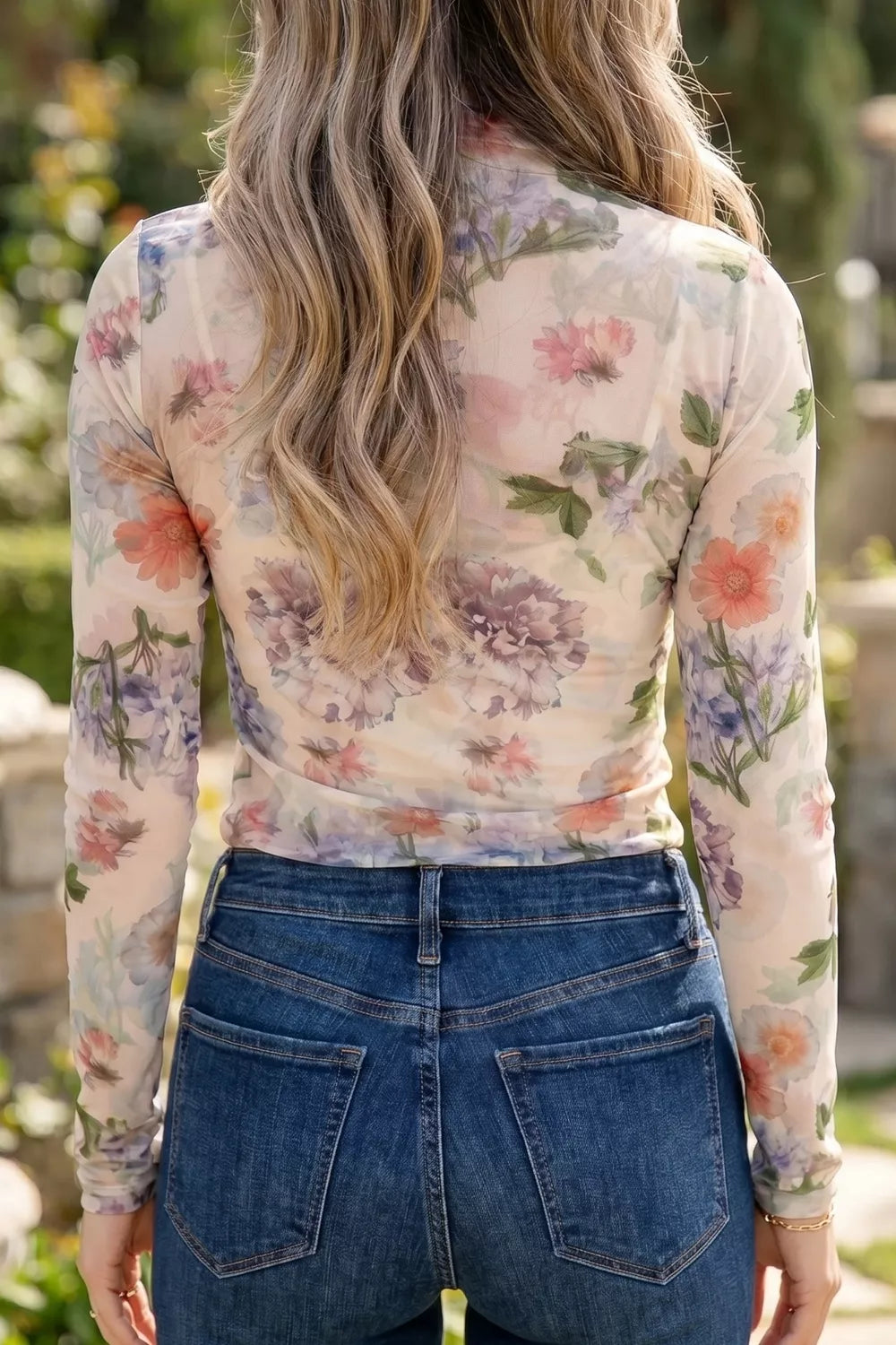 Floral Mesh Long Sleeve Thumbhole Hem Top
