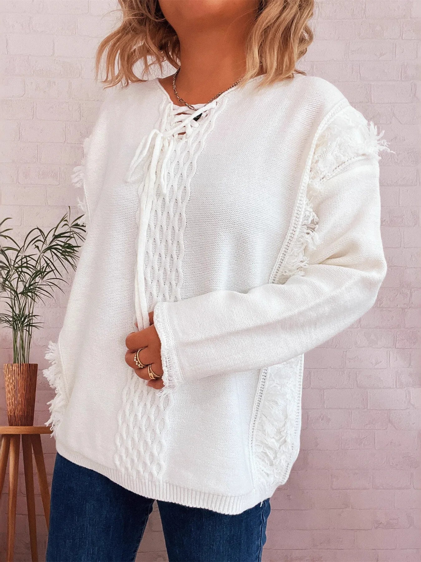 Raw Hem Lace Up Front Sweater