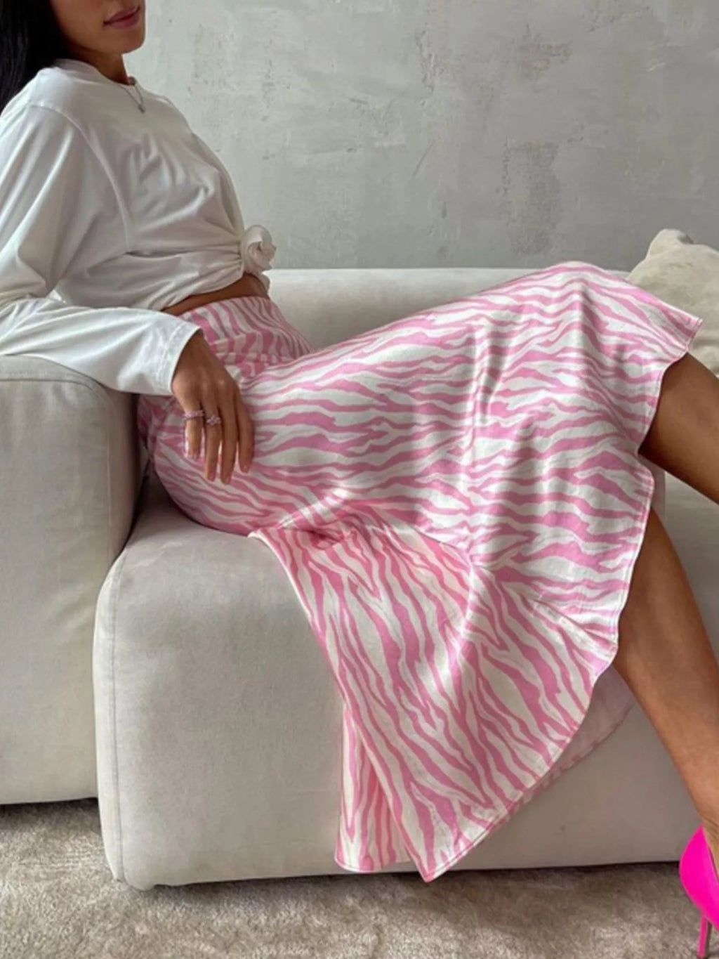 Satin Zebra Print Midi Skirt
