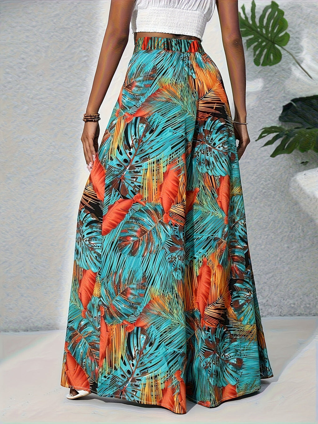 Tropical Print Wide Leg Pants