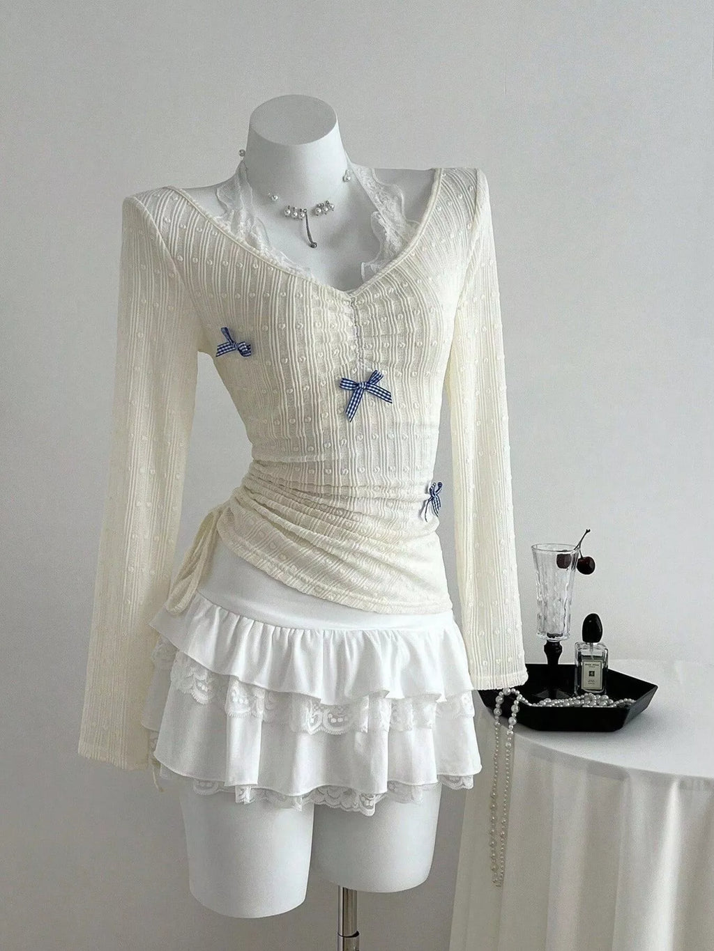 Bow Lace Detail V-Neck T-Shirt