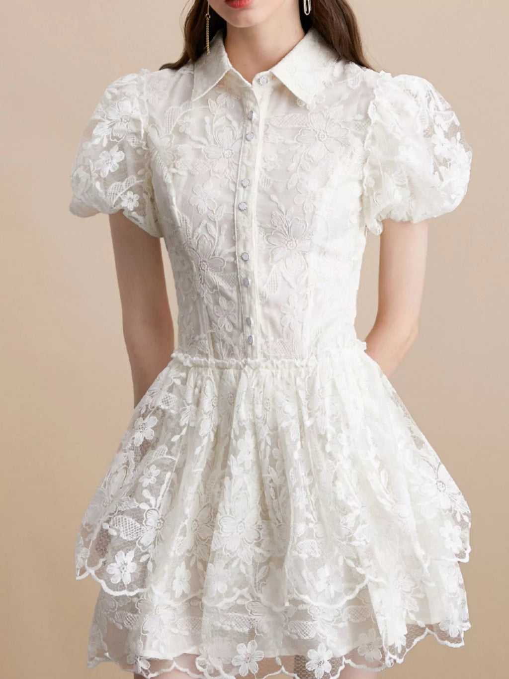 Lace Puff Sleeve Mini Dress