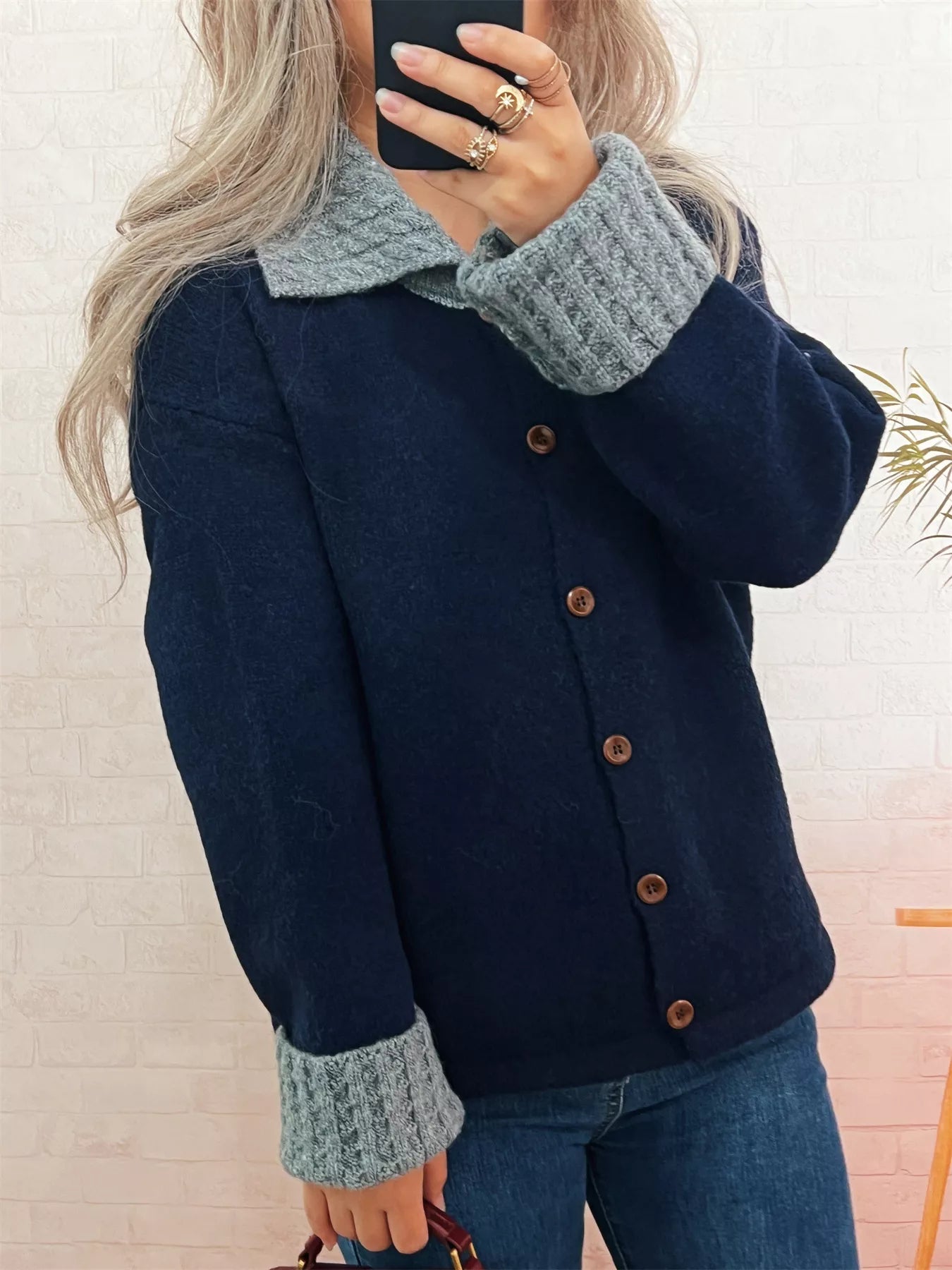Striped Knit Button Down Cardigan with Collar