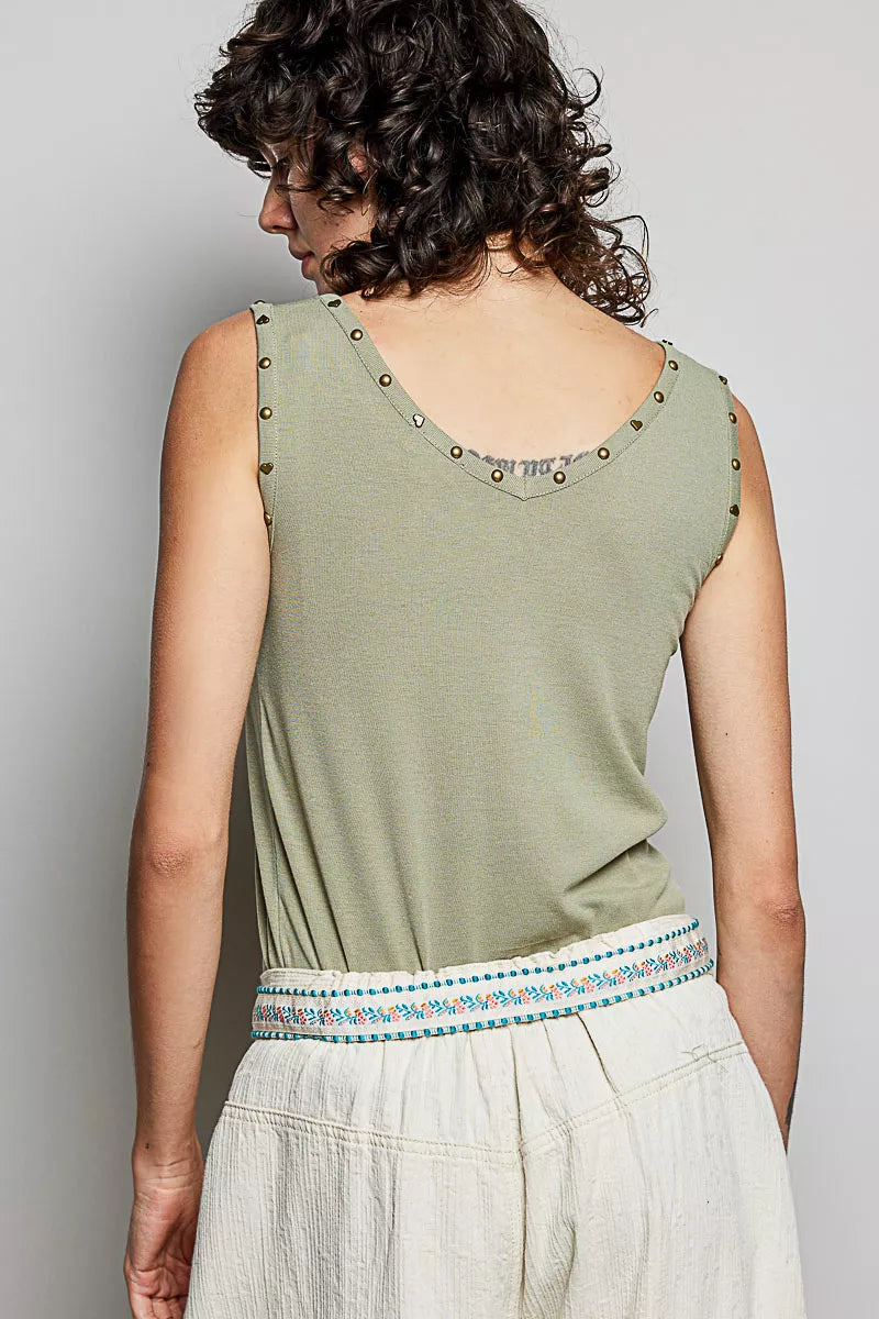 POL Studded Trim Button-Front Ruffle Detail Tank