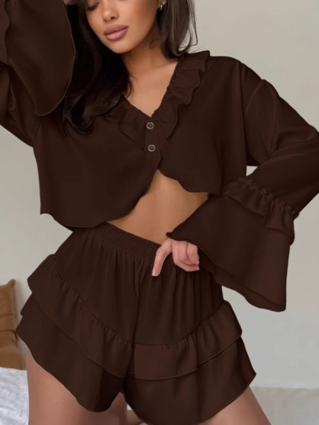 Ruffled V-Neck Top and Shorts Set