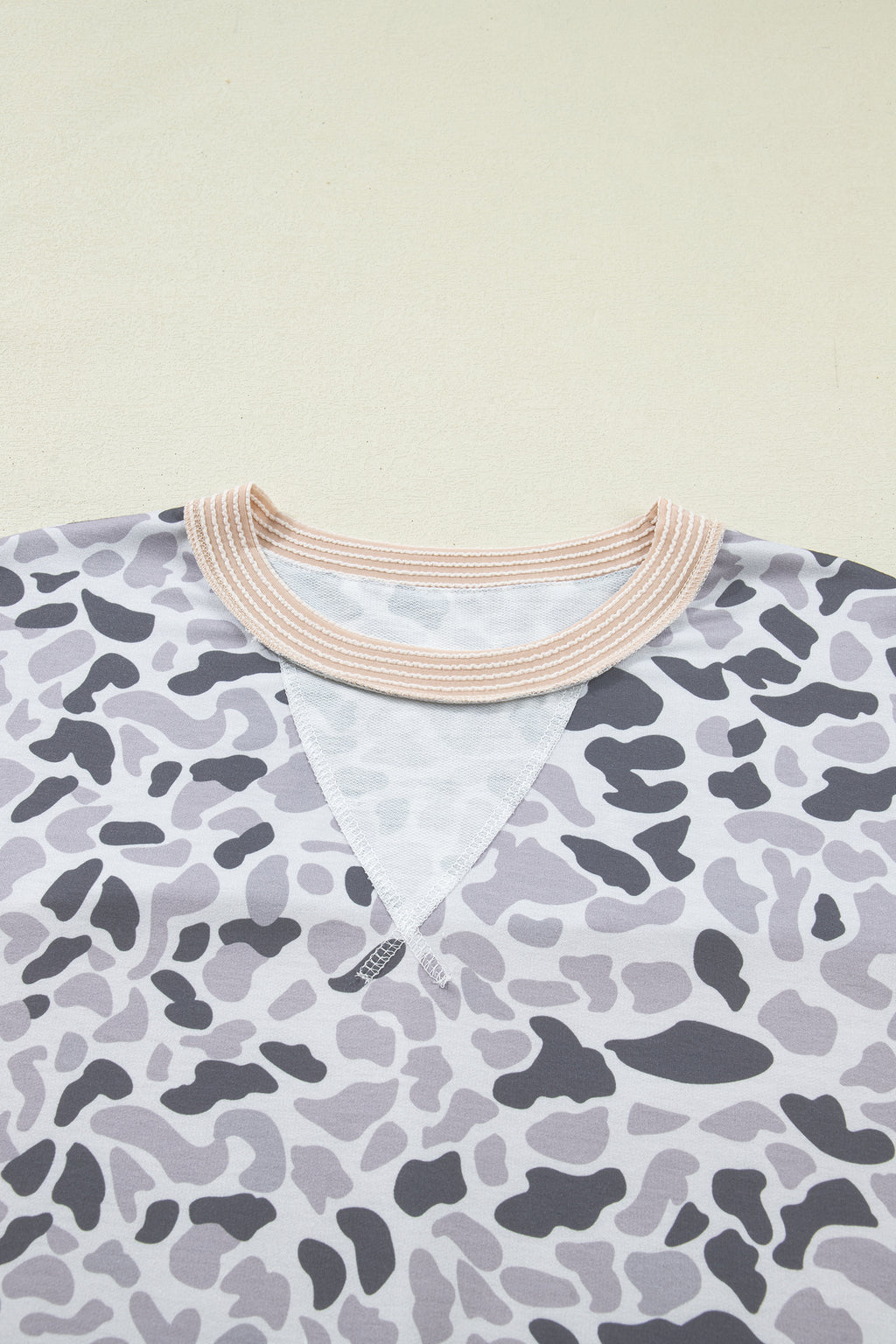 Gray Camouflage Print Twisted Ribbed Patchwork Casual T Shirt
