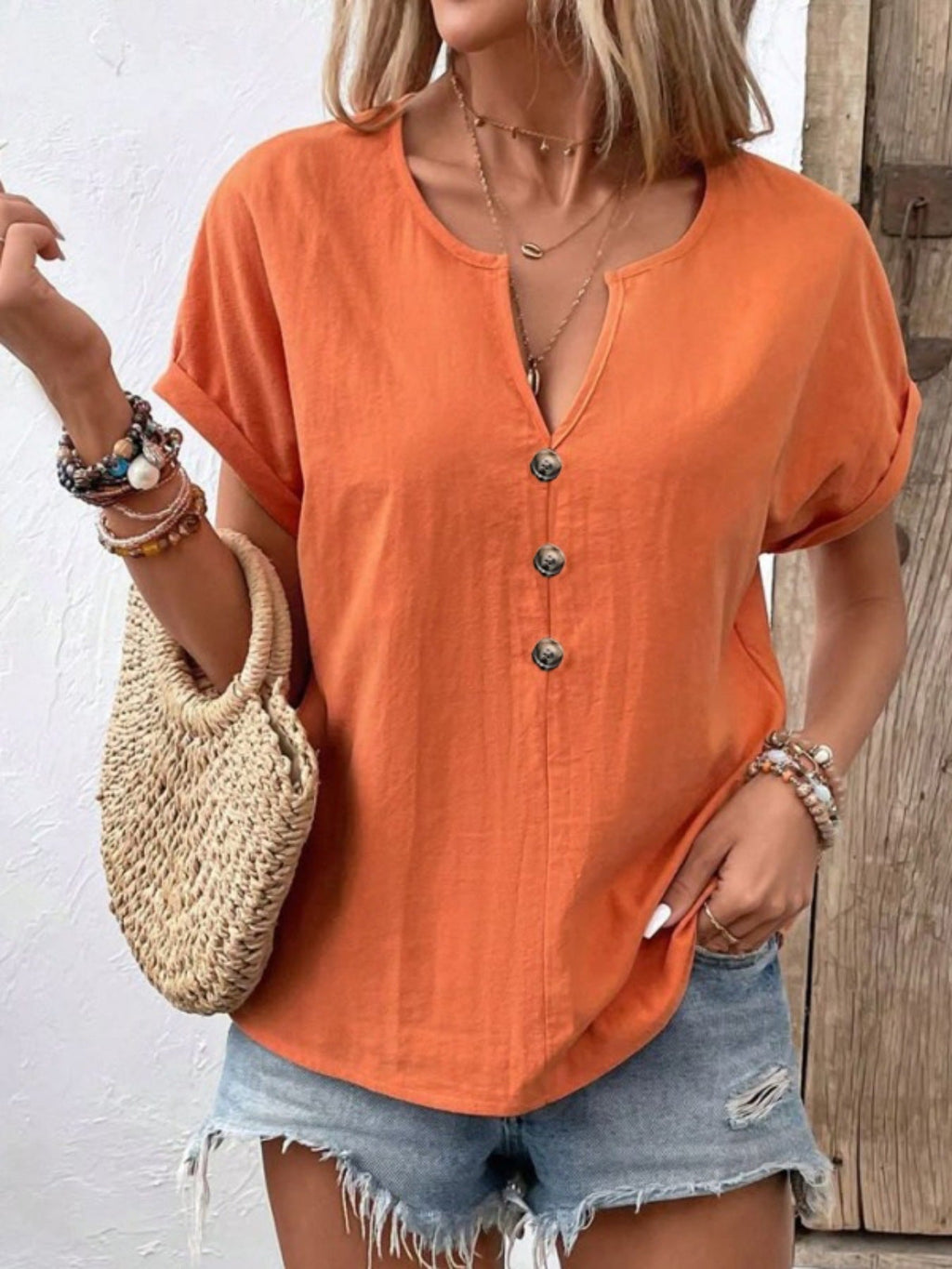Notched Short Sleeve Blouse