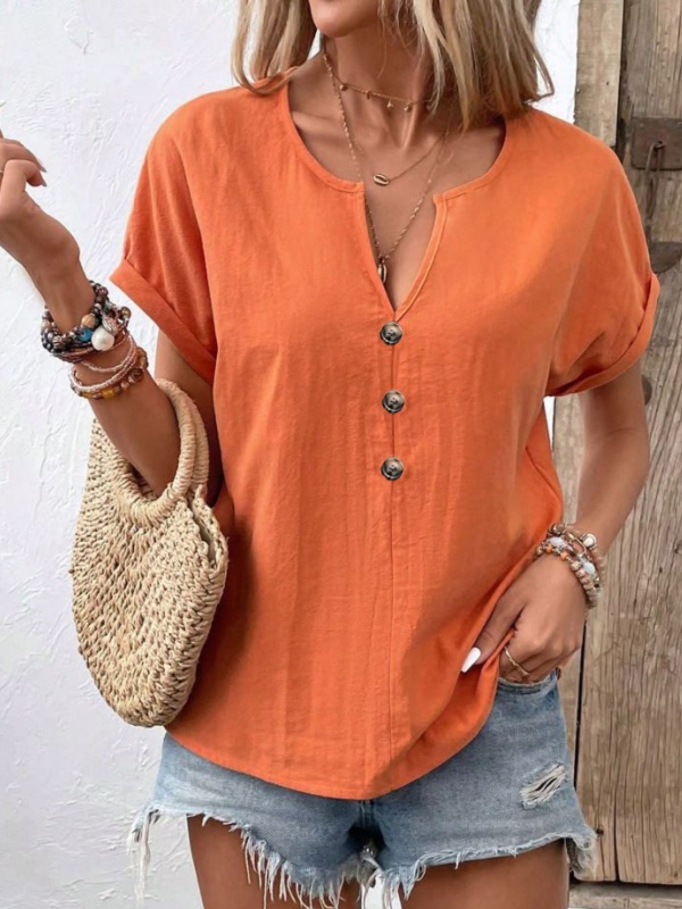 Notched Short Sleeve Blouse