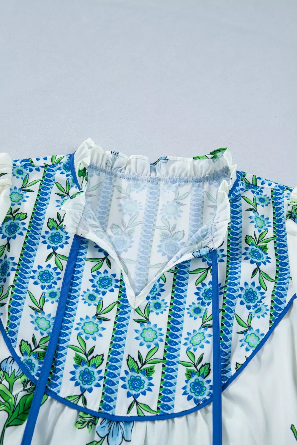 Floral Print Contrast Trim Tie Neck Blouse
