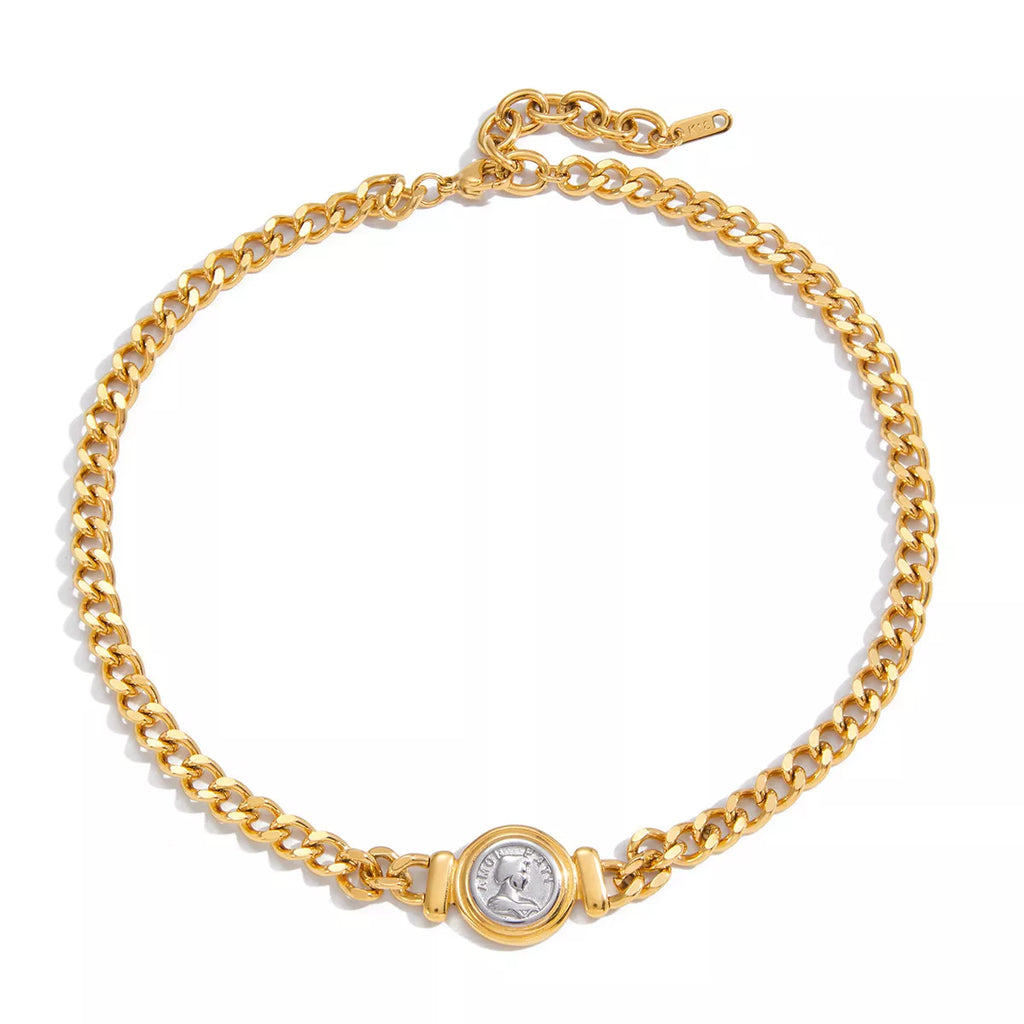 18K Gold-Plated Vintage Coin Charm Curb Chain Necklace