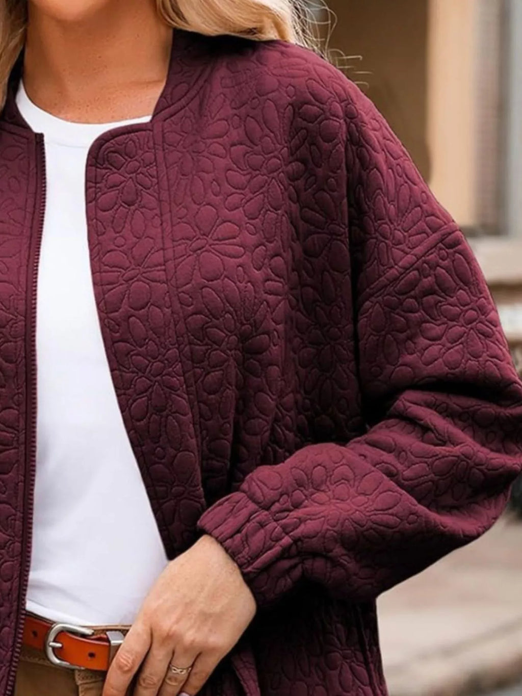 Full Size Floral Quilted Zip Up Jacket Plus Size