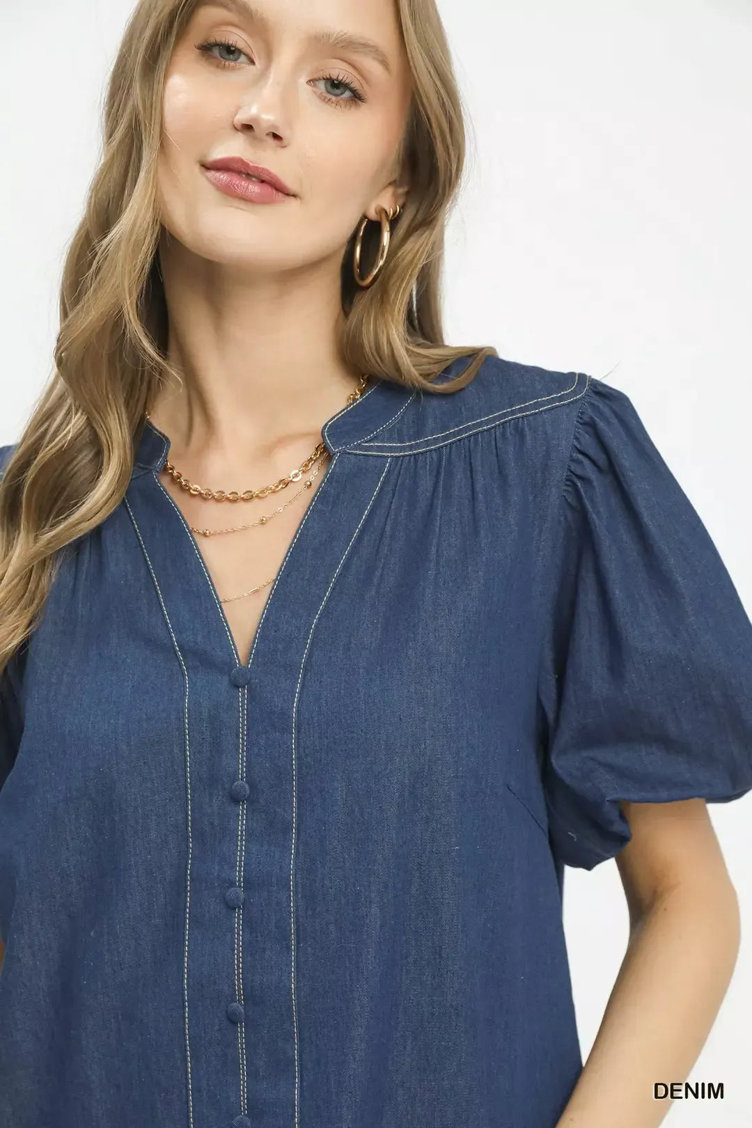 Umgee Denim Button Front Puff Sleeve Boho Blouse