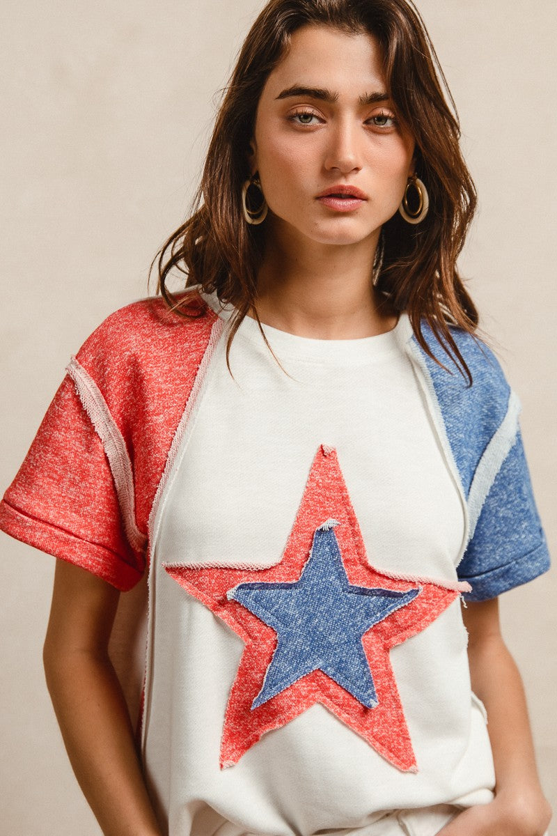 BiBi Contrast French Terry Cut Edge Detail Fourth Of July Theme T-Shirt