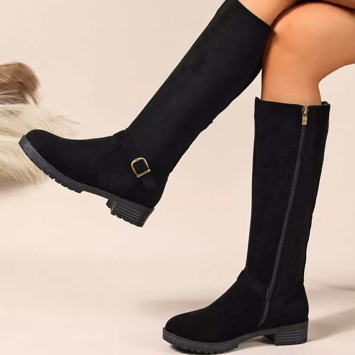 Knee-High Suede Buckle Accent Boots