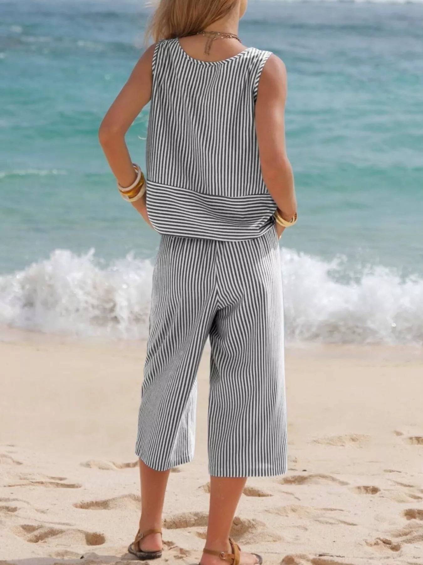 Striped Sleeveless Top and Cropped Pants Set