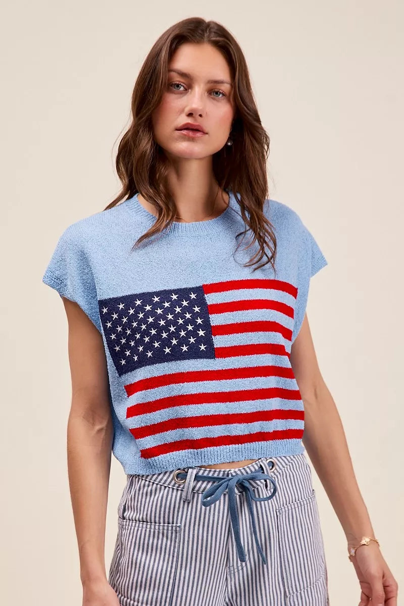 SO ME Fourth Of July American Flag Boxy Fit Sweater Top