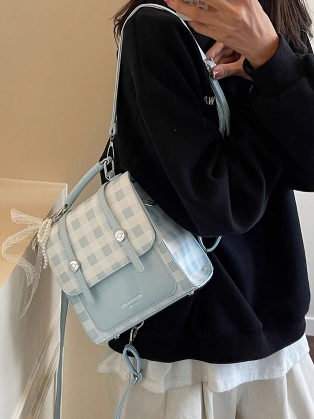 Plaid Lace Decor Backpack Bag