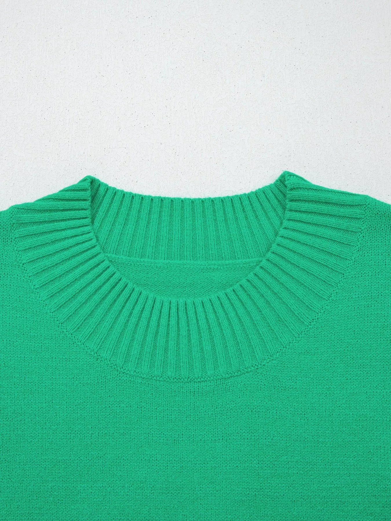 Solid Color Ribbed Trim Round Neck Ruffle Short Sleeve Sweater