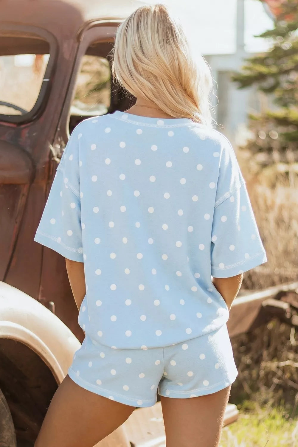 Polka Dot Round Neck Top and Shorts Set